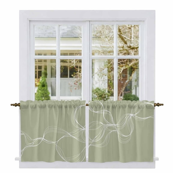 Sage Green Tier Curtains, Minimalist Abstract Modern White Art Light Filtering Kitchen Curtains, 2Pcs Rod Pocket Half Window Treatments Panels for Sink Cafe Cabinet Camper 27.5x36 Inches