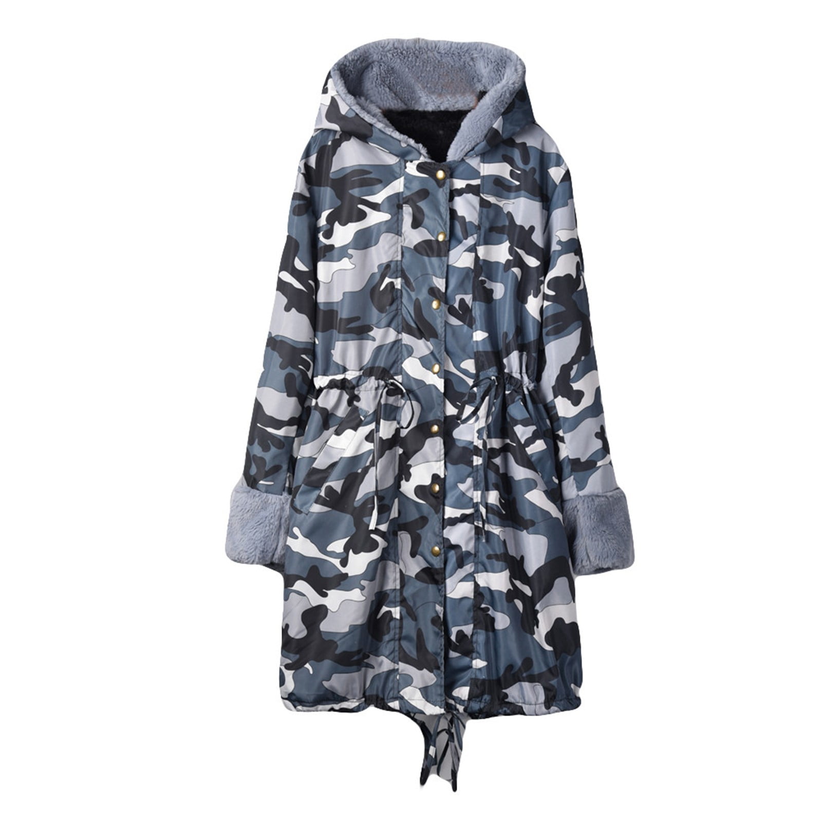 WGOUP Women\'s Faux-Fur Shaggy Winter Camo-Coat Long Sleeve Open Front  Outwear Fishtail Hooded Jacket,Gray