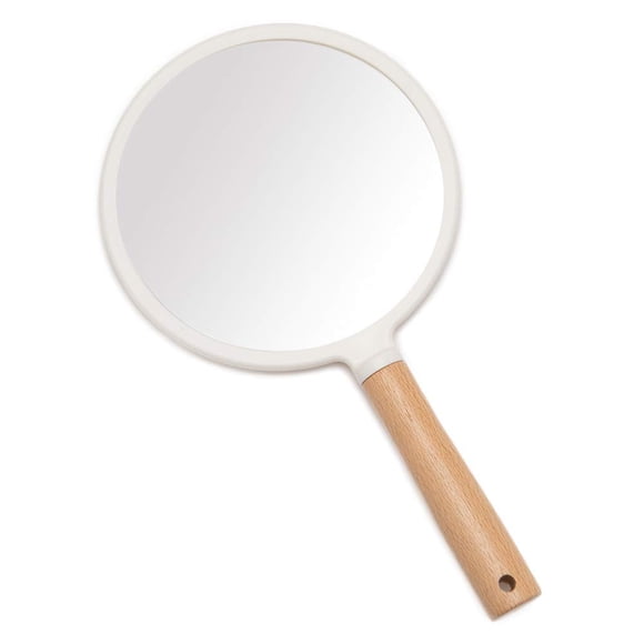 YEAKE Espejo de mano con asa para maquillaje, pequeño y lindo espejo de mano de madera para afeitarse con orificio para colgar, espejo de tocador de viaje portátil de una sola cara para hombres y muje