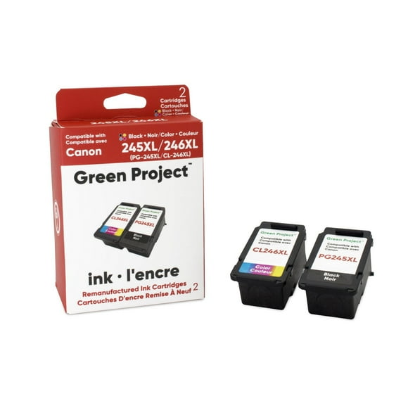 Cartouche d'encre remise a à neuf Canon 245 XL noir & 246 XL Tri-Colour Green Project, 2 Cartouche (GP-C-245XL246XL)