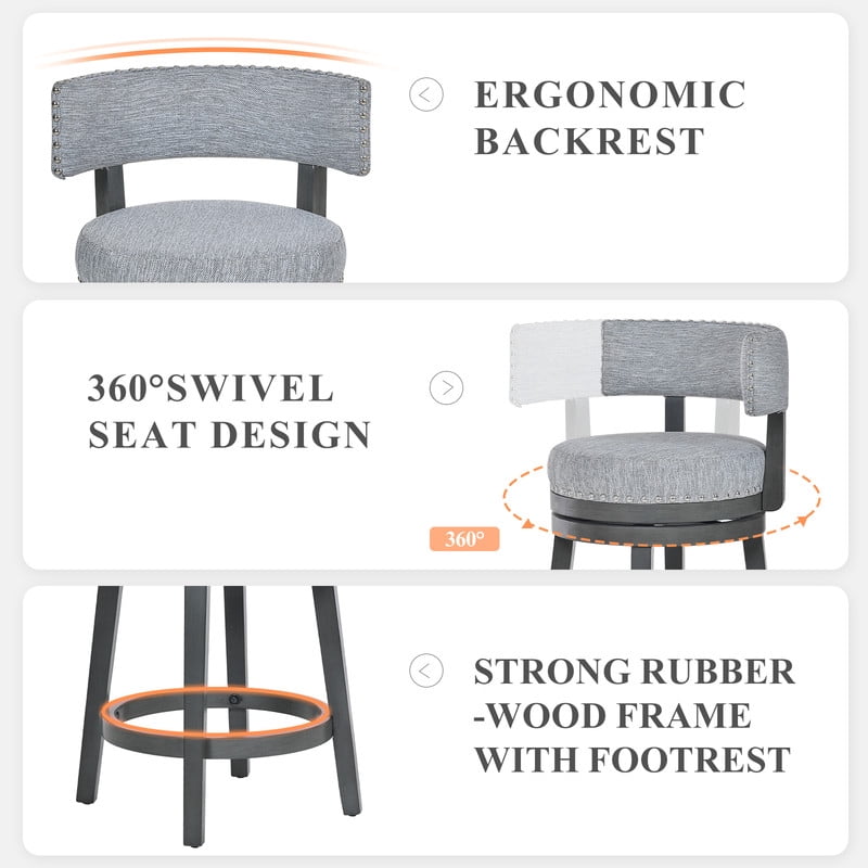 COLAMY Swivel Bar Stools Set of 3, 25 Inch Counter Height Stools, Modern Upholstered Wood Bar Chairs with Back for Kitchen Island Dining Room Bar, Fits 34-40" Height, Gray