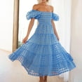 thumbnail image 2 of Vestido corto de mujer con hombros descubiertos y mangas abullonadas, corte A, bajo con volantes, tejido de poliéster, tallas S-XXL, perfecto para fiestas de verano y vacaciones., 2 of 5