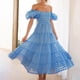 thumbnail image 2 of Vestido corto de mujer con hombros descubiertos y mangas abullonadas, corte A, bajo con volantes, tejido de poliéster, tallas S-XXL, perfecto para fiestas de verano y vacaciones., 2 of 5