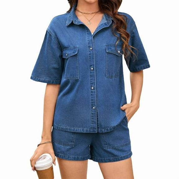 Summer Denim Set for Women 2 Piece Casual Short Sleeve Boxy Shirt Tops and Shorts Pants Lounge Sets Outfits Dark Blue XL