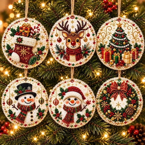6 Pcs Pearl Diamond Art Kits for Adults, Christmas Ornaments DIY Pearl Diamond Kit with Hemp Rope for Xmas Tree Window Door Home Decor