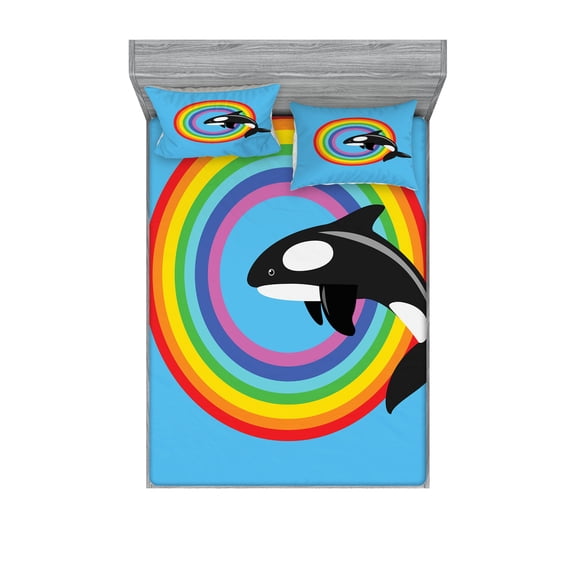Ambesonne Animal Fitted Sheet & Pillow Sham Set, Rainbow Round and Whale, Full, Multicolor