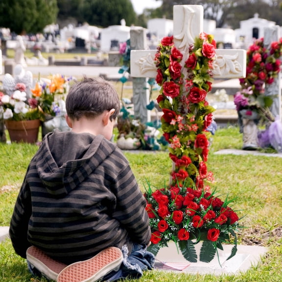 Artificial Cemetery Flower Arrangements - Rose Headstone Saddle for Graves, Weatherproof Memorial Flowers for Outdoor Tombstone Decor, Durable Grave Decorations That Last All Seasons