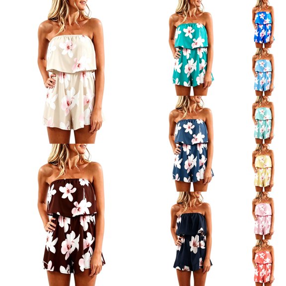 Gyexs Strapless Jumpsuits for Women Boho Floral Summer Casual Rompers 2026 Beach Vacation Clothes, Black Size XS