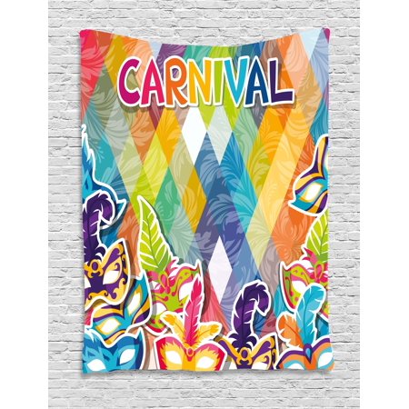 Bronze Feather Tapestry - Mardi Gras Tapestry, Vibrant Joyful Celebration Composition Abstract Pattern Feathers Carnival Masks, Wall Hanging for Bedroom Living Room Dorm Decor, 60W X 80L Inches, Multicolor, by Ambesonne