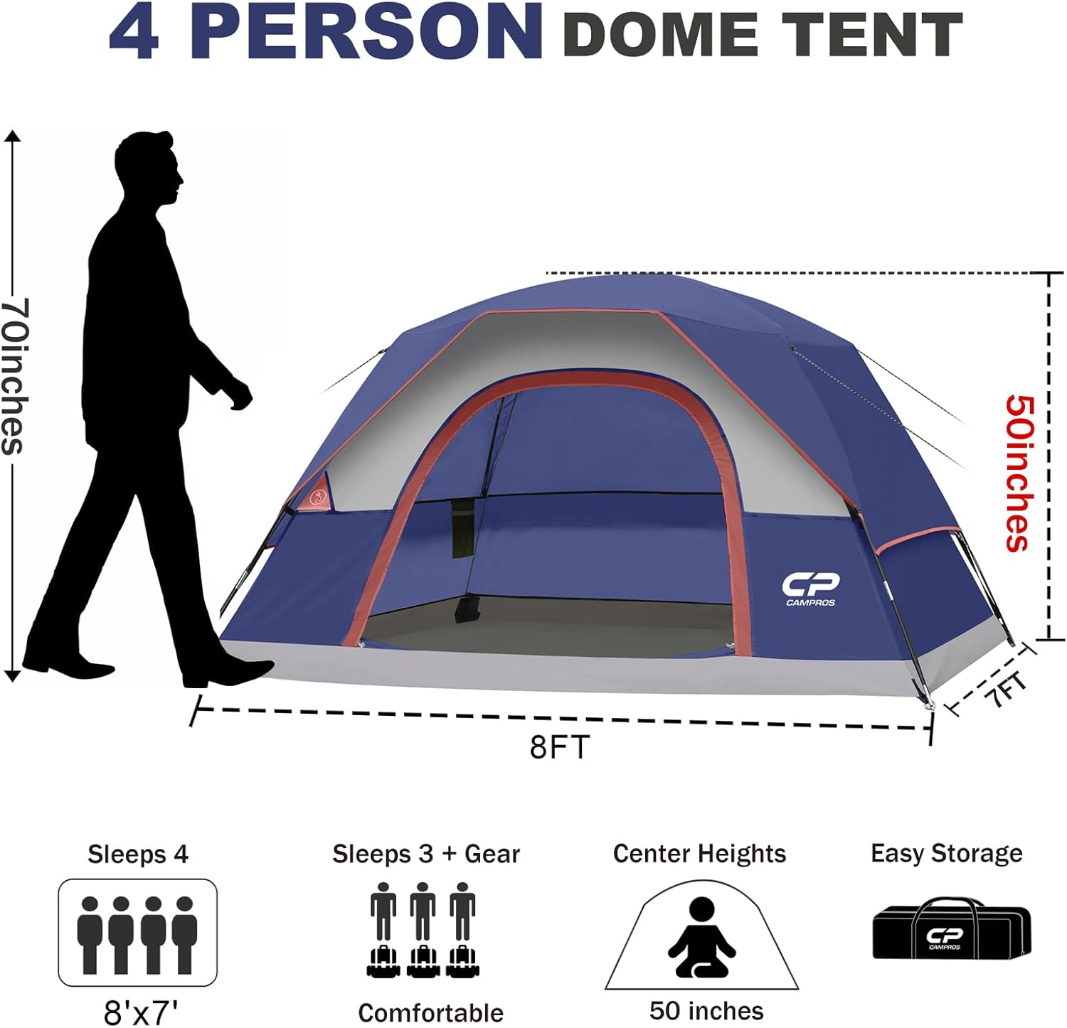 Tents for Camping 4 Person Tent Waterproof Windproof Double Layer Camping Tent, Easy Setup Dome Tent with Large Mesh Windows & Wider Door for Outdoor Camping & Hiking