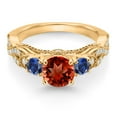 thumbnail image 2 of Gem Stone King 18K Yellow Gold Plated Silver Red Garnet Blue Created Sapphire and White Moissanite Engagement Ring for Women (1.55 Cttw, Gemstone January Birthstone, Round 6MM and 3MM, Size 8), 2 of 4