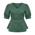 thumbnail image 7 of Ytndtr Women's Fashion Casual Solid Color V-Neck Buttoned puff sleeves Top, 7 of 7