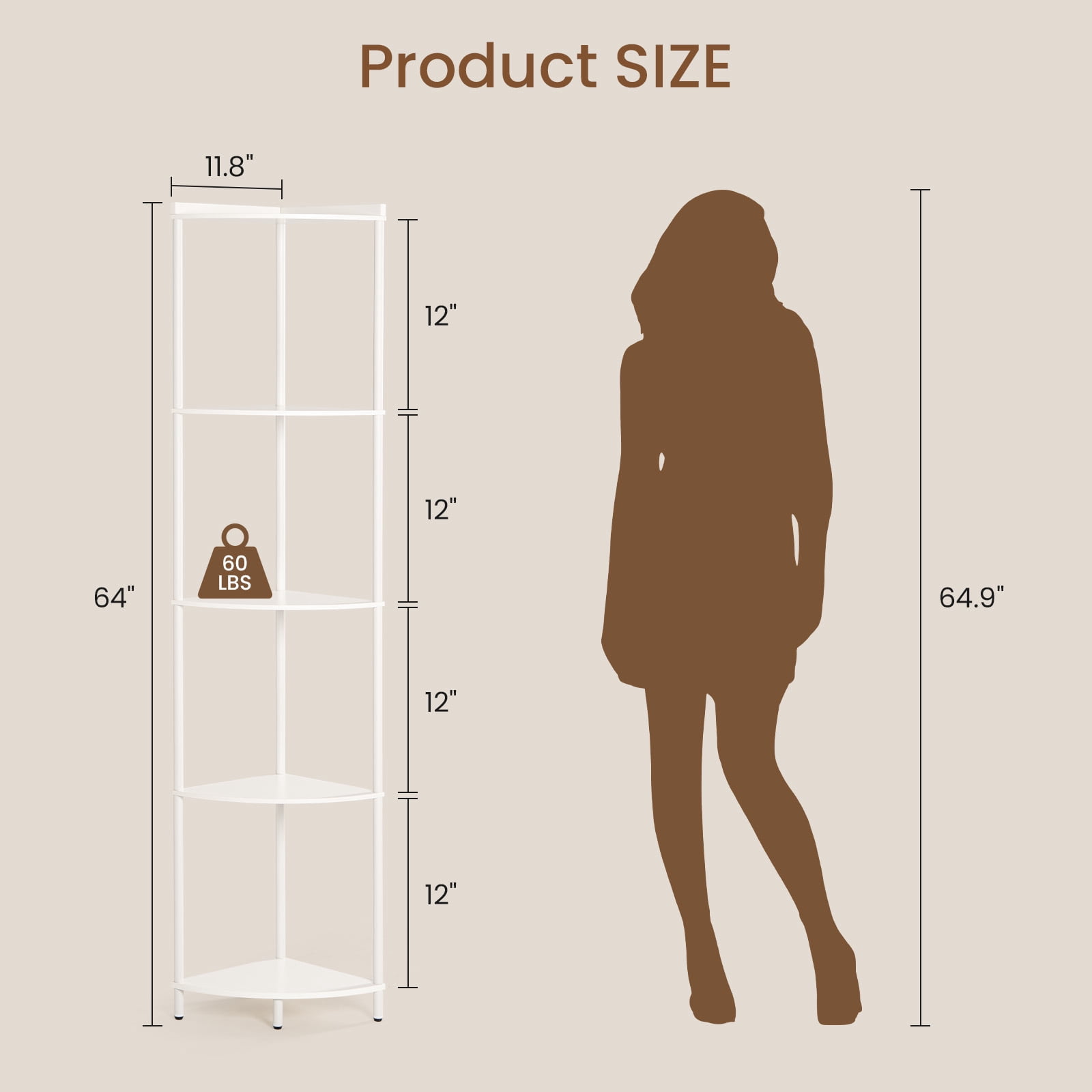 Corner Shelf Stand, 5-Tier Corner Shelves, 65" Wall Corner Bookshelf, Display Shelf Tall Shelf Plant Stand for Bedroom, Bathroom, Living Room, White