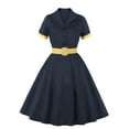 thumbnail image 4 of Letdown Women Notch Lapel Vintage V-Neck Swing Dress 50s 60s Button up 1950s Rockabilly Prom Midi Evening Solid Dress for Spring Fall (Blue, S), 4 of 4