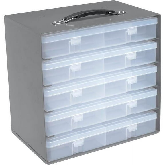 Global Industrial 493511 Durham Steel Compartment Box Rack with 5 of 16-Compartment Plastic Boxes - Clear - 13.5 x 9.125 x 13.25 in.