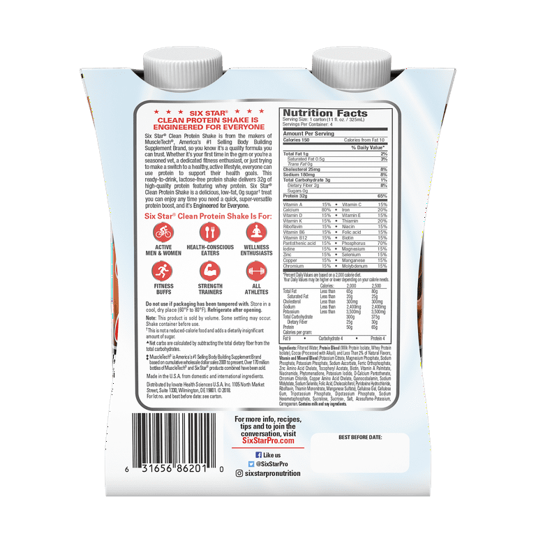 Six Star Clean Protein Shake, Gourmet Chocolate Milk, 32g Protein, 12 Ct 