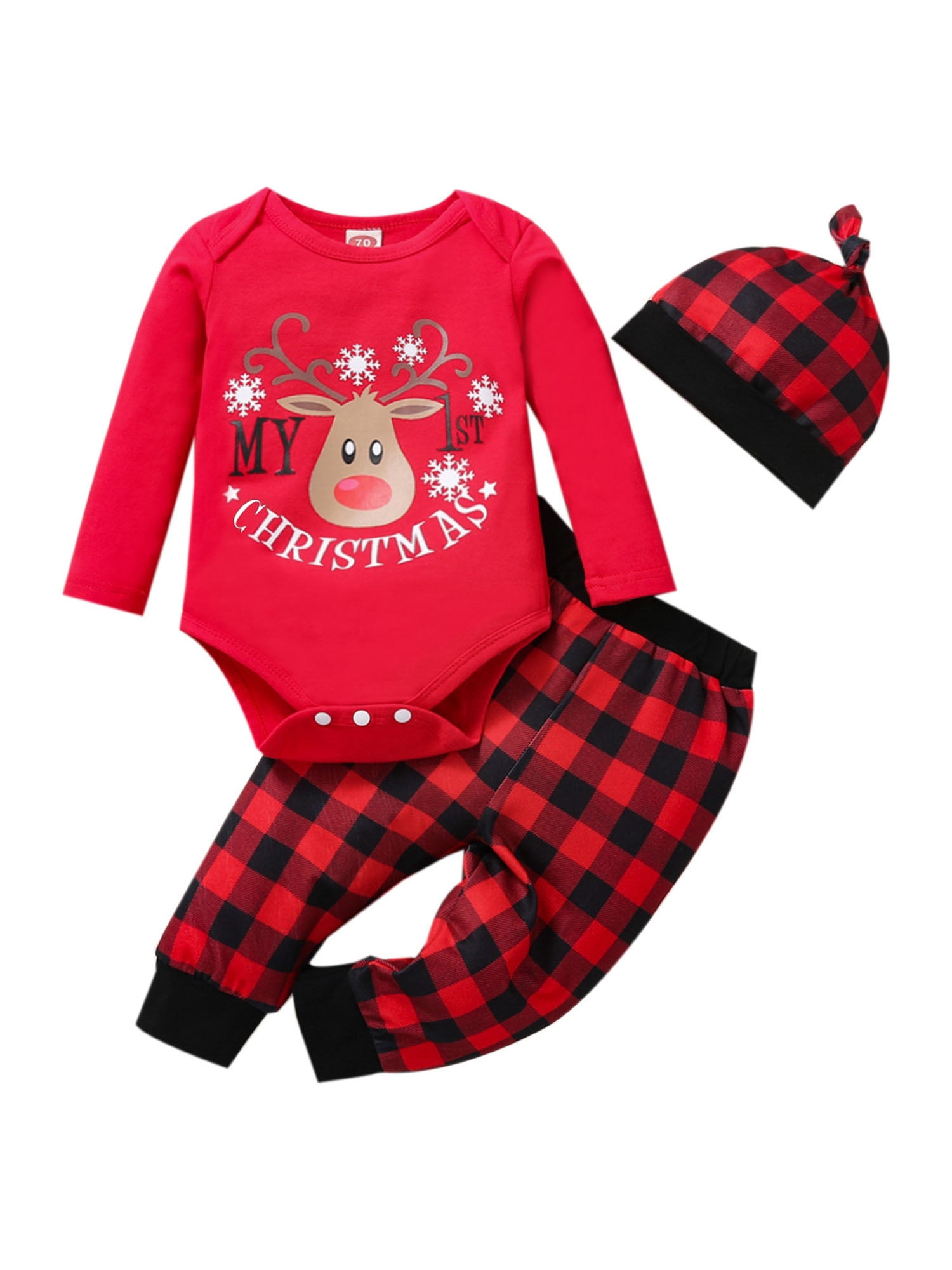 My First Christmas Newborn Baby Boy Girl Romper Deer Plaid Pants Hat Clothes Set 