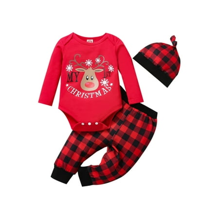 

ZIYIXIN Newborn Baby Boys My 1st Christmas Outfits Long Sleeve Deer Print Romper+Stripe/Plaid Pants+Hat Clothes Red 9-12 Months