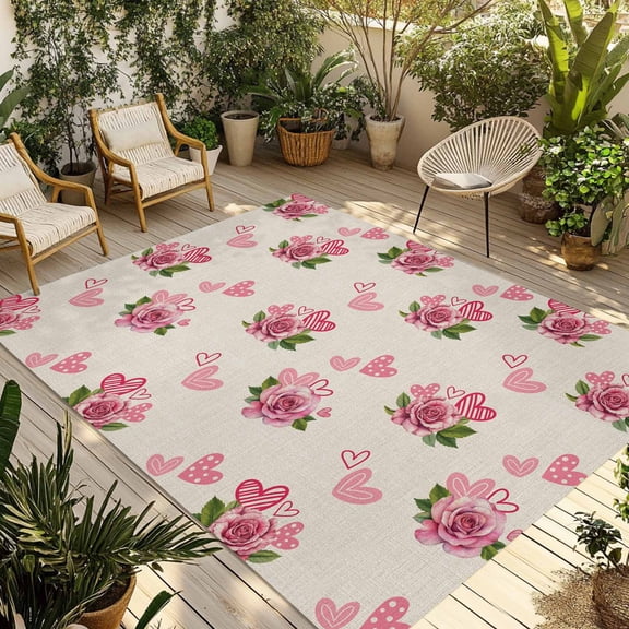 Pink Roses Outdoor Rug for Patio/Deck/Porch, Non-Slip Large Area Rug 5 x 7 Ft, Valentine's Day Love Flowers Beige Rustic Indoor Outdoor Rugs Washable Area Rugs, Reversible Camping Rug Carpet Runner