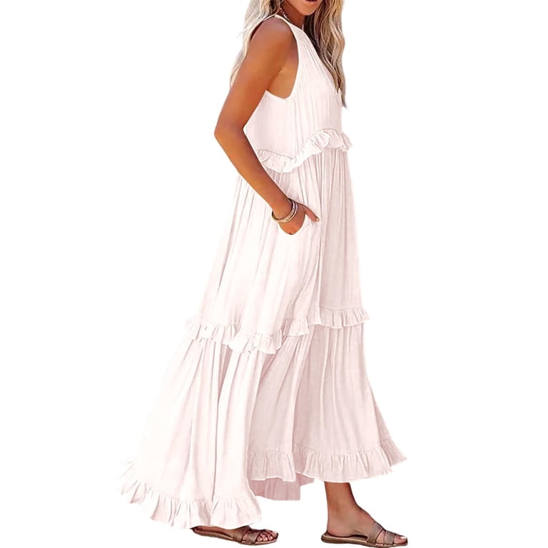 IUZSOKIL Womens Boho Halter Maxi Dress, Sleeveless, Built-in Bra, Beige,  Flowy, Beach Vacation - Walmart.com