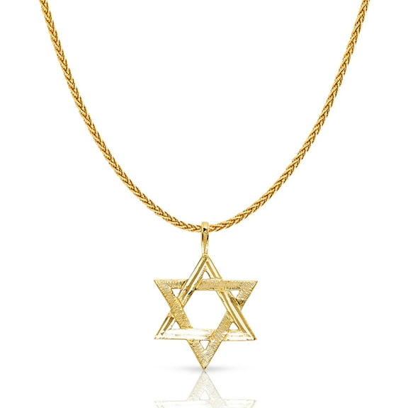 14K Yellow Solid Gold Star of David Charm Pendant with 1.1mm Wheat Chain Necklace