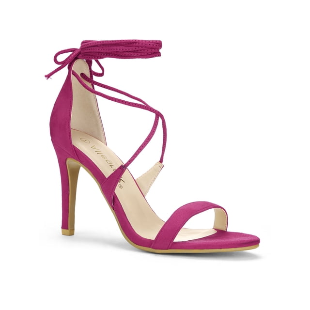 BLISSFUL STEP Chaussures pour Femmes Sandales à Talon Aiguille Haut à Bride Cheville à Nouer Bout Ouvert en Faux Suède Rose Vif 8