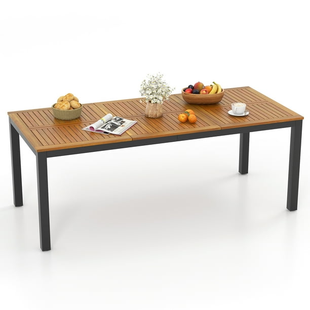 Costway Mesa De Comedor Exterior Para 8 Personas, Mesa De Madera De Acacia De 200 Cm Con Orificio Para Sombrilla, Patas De Metal Y Almohadillas Ajustables Para Los Pies Para Jardín, Piscina Y Patio