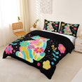 thumbnail image 3 of Erosebridal Colorful Rabbit Duvet Cover Set for Kids, Groovy Daisy Floral Bedding Full, Black Reversible, 3pcs 1 Duvet Cover and 2 Pillowcases, No Comforter, 3 of 6