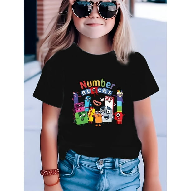Bright Girls' Summer Knit T-Shirt - Colorful Number Blocks Cartoon Print, Soft Cotton, Round Neck, Short Sleeve, Casual & Comfy for Youngsters, Girls Tshirts