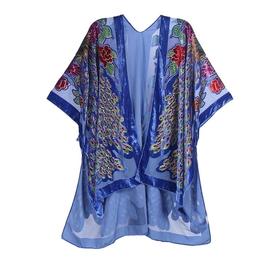 WeHello Women's Bohemian Burnout Velvet Long Kimono Beach Cover Up Shawl, Peacock Blue