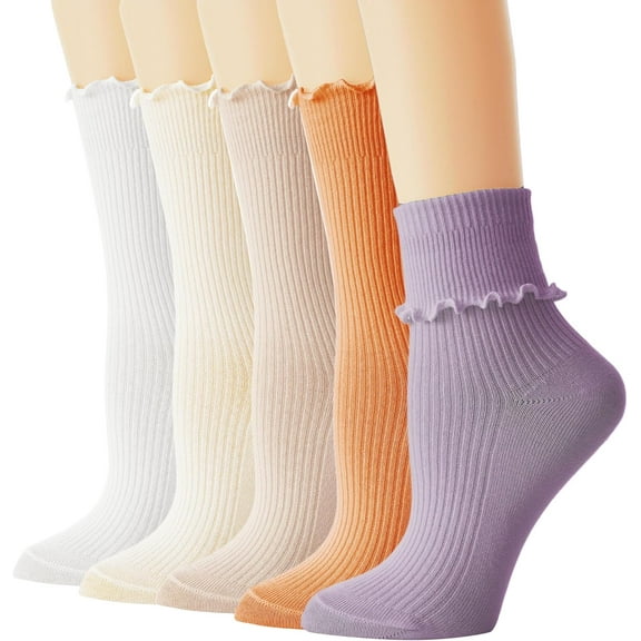 Ruffle Socks Woman, White Crew Cute Frilly Ankle Lettuce Dress Socks for Women Girls Turn-Cuff 5Pairs
