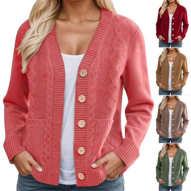 Feancey Open Front Cardigan for Women Button Down Casual Long Sleeve Textured Cardigans Solid Cable Knit Sweater Jackets with Pockets Green S