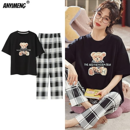 

New Sleepwear Cartoon Cotton Pajamas for Women Long Pants Short Sleeved Summer Spring Loungewear Fashion Home Clothing Homewear