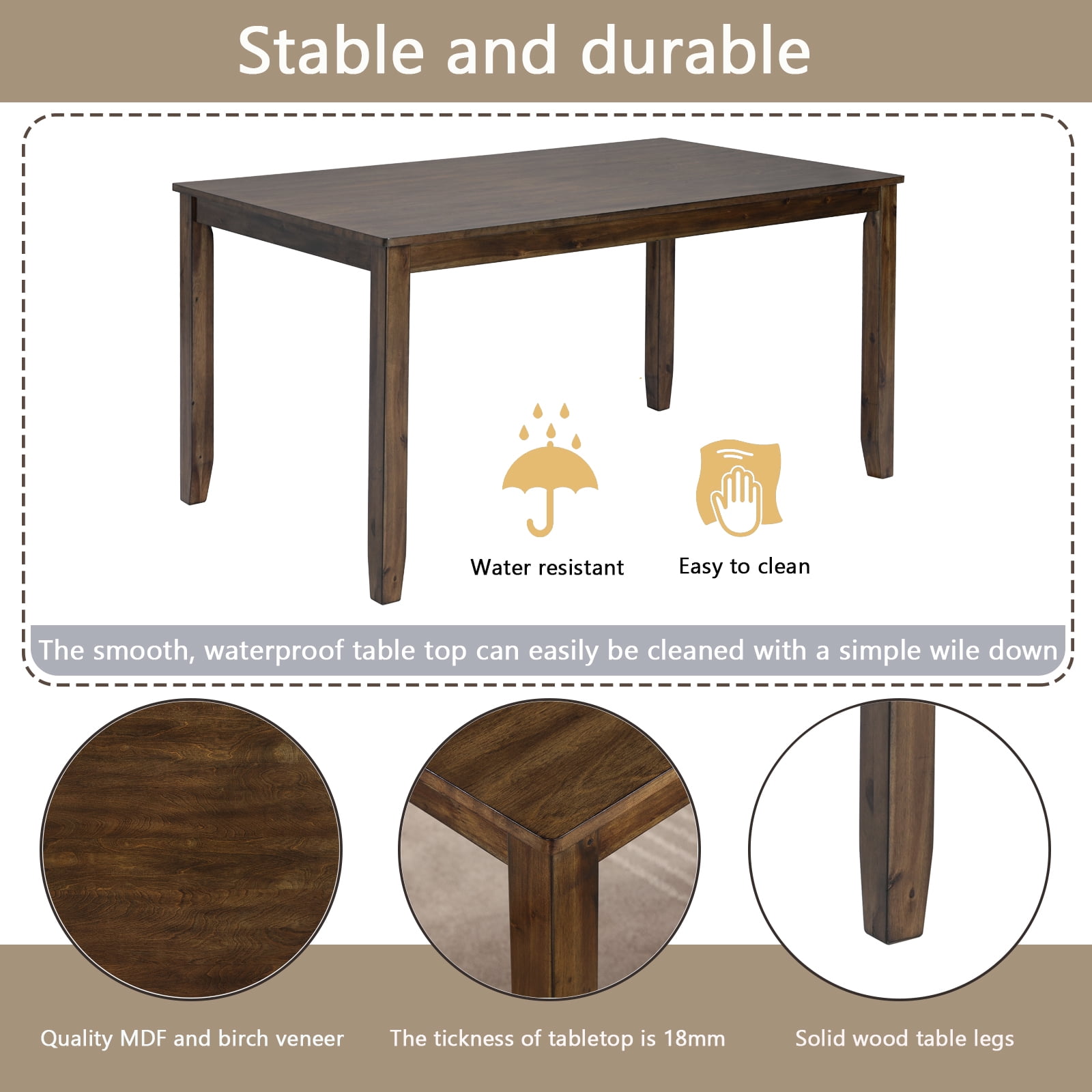 HOQBN 6 PieceKitchen Dining Table Set,Rectangular Wooden Dining Table with 4 Upholstered Chairs and a Bench, Dining Table Set for 6 People, Living Room, Home Bar and Kitchen,Walnut