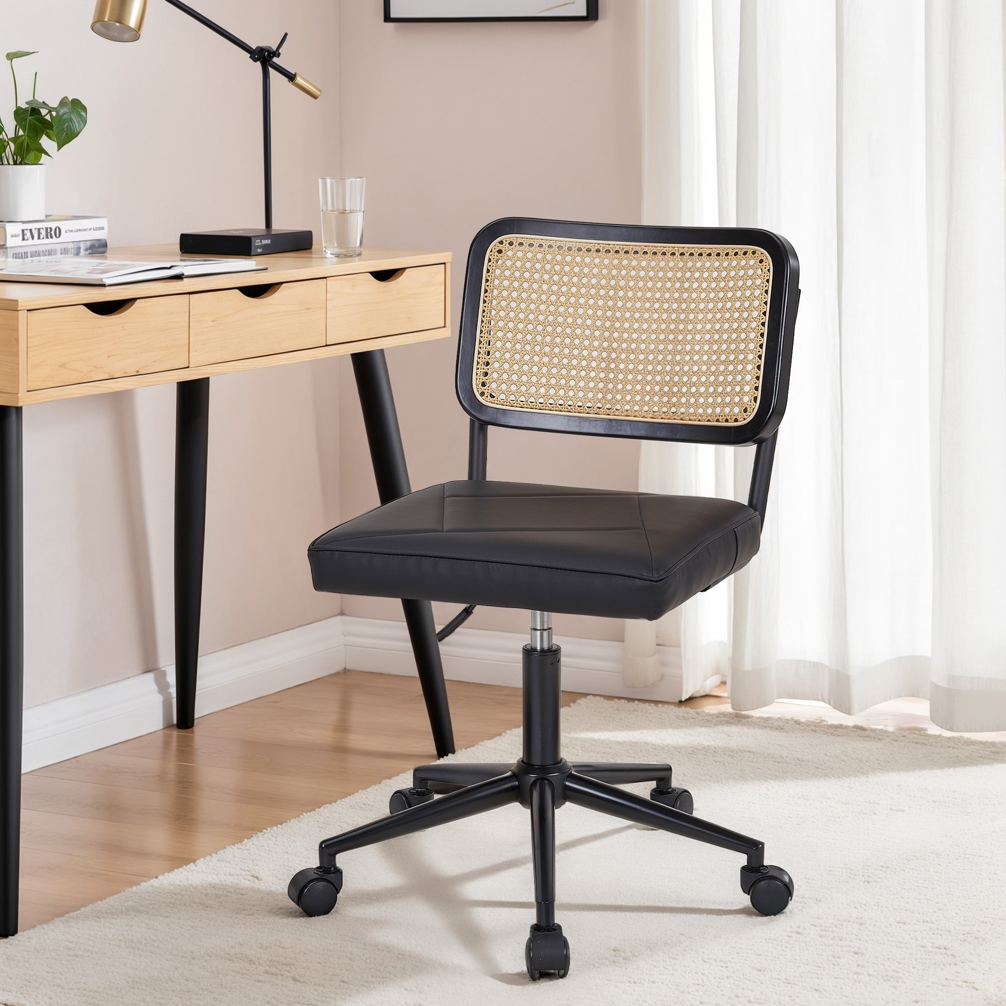 VECELO Mid Century Home Office Chair with Wheels, Modern PU Leather Desk Chair with Rattan Backrest, Adjustable Height Task Chair Swivel Computer Chair, Black