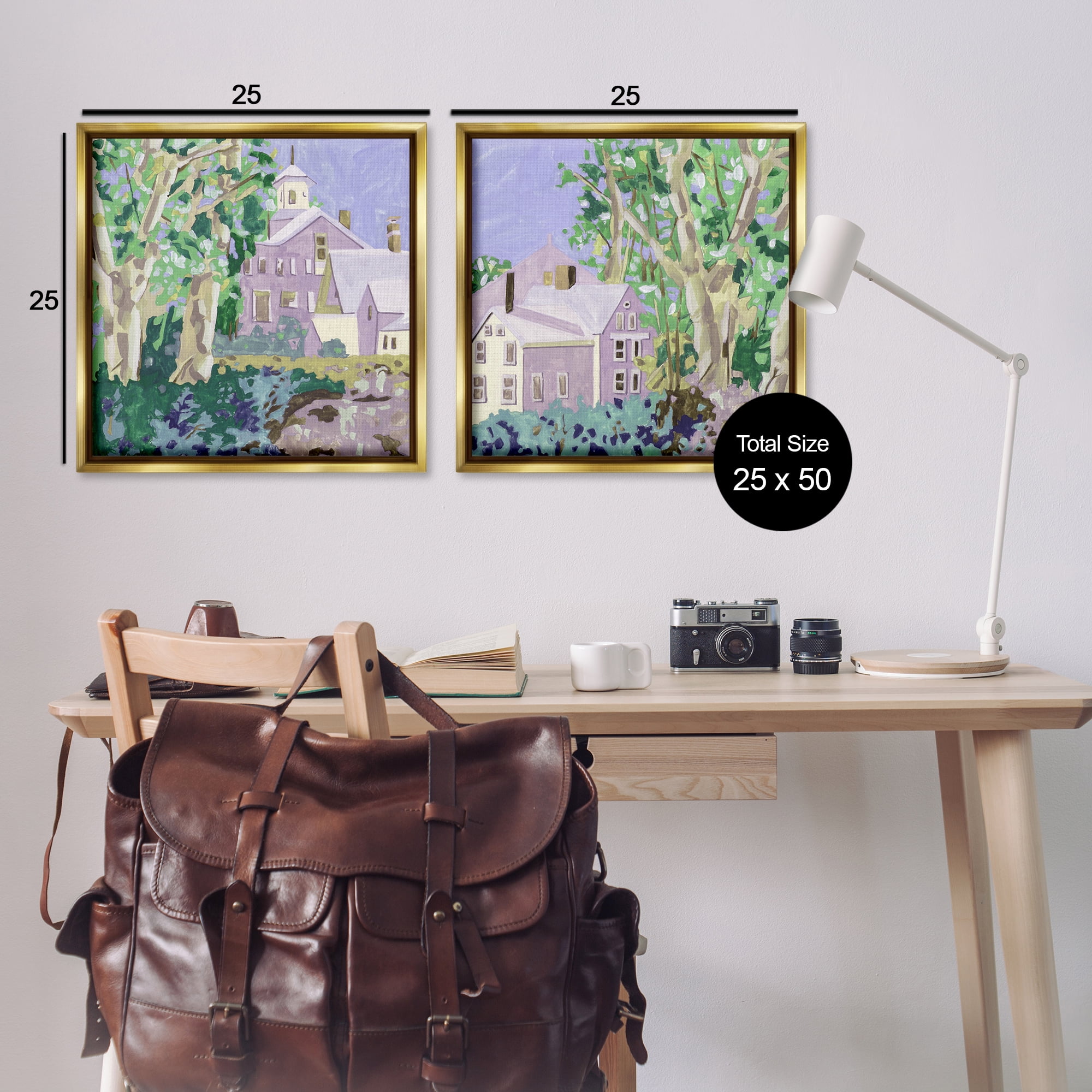 Stupell Industries Quaint Scenic Houses Scenic & Cityscapes Painting Gold Floater Framed Canvas Art Print Wall Art, 25 x 25, Set of 2