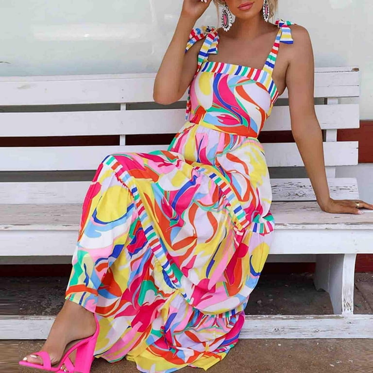 Wycnly Dresses for Women 2024 Summer Beach Fashion Empire Waist Flowy Ruffle Swing Adjustable Strap Maxi Sundress Geometric Print Sleeveless Square