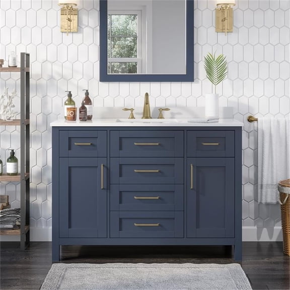 Pemberly Row 48" Bathroom Vanity in Midnight Blue with White Countertop
