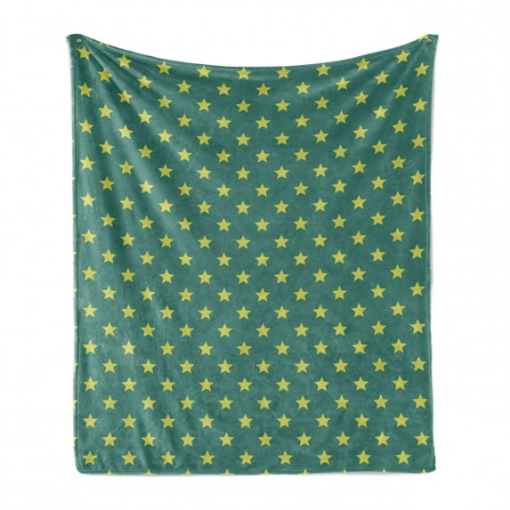 Stars Soft Flannel Fleece Throw Blanket, Vintage Style Geometric Pattern with Star Motifs in Green Shades, Cozy Plush for Indoor and Outdoor Use, 50" x 70", Jade Green Pale Green, by Ambesonne