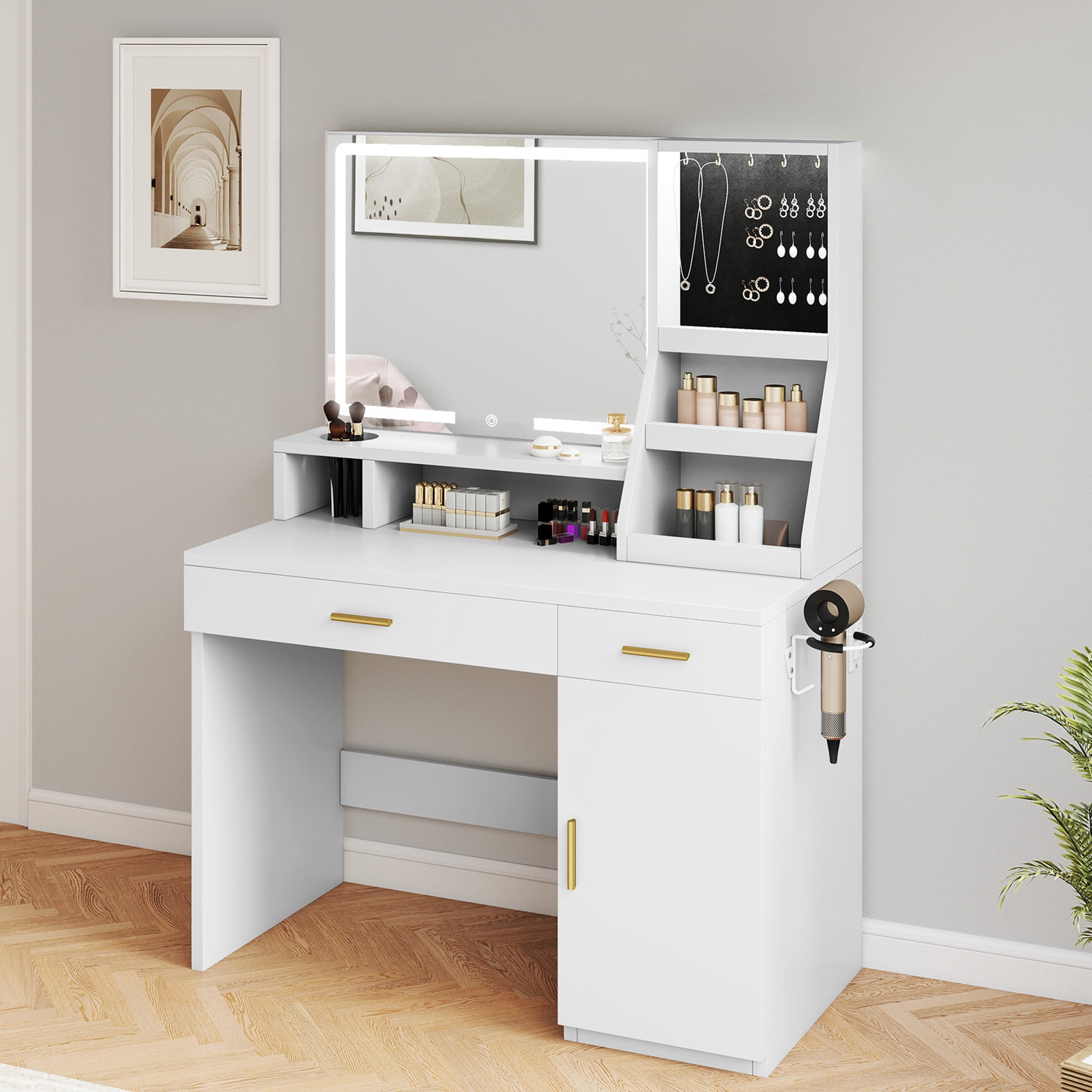 Craftian Modern White Makeup Vanity Desk with Mirror, 3 LED Light Modes, 2 AC Outlets & 2 USB Ports, Jewelry Storage, 2 Drawers, Hairdryer Holder for Bedrooms