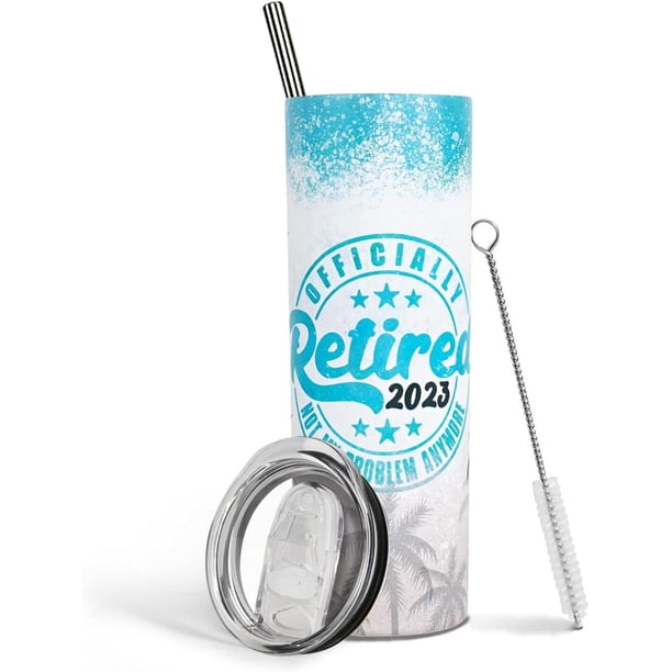 Vaso de jubilación con tapa y pajita. Regalos de jubilación 2023 para mujeres y hombres. Regalos de despedida. Taza de café de viaje de acero inoxidable. Vaso delgado con aislamiento de 20 oz.