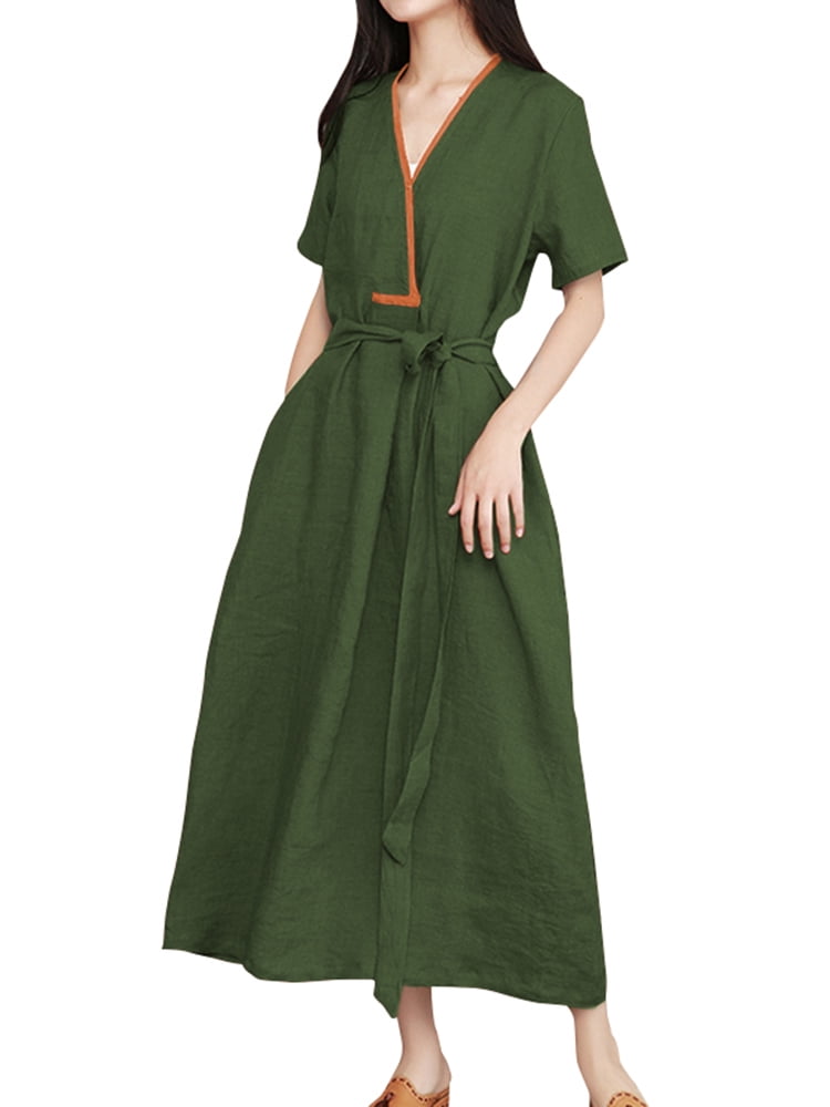 ZANZEA Women's Casual Loose Dress Cotton V-Neck Pockets Vacation
