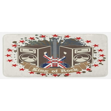 Popstar Party Kitchen Mat, King Rock Emblem with Speakers Stars and Electric Guitar with British Flag, Plush Decorative Kitchen Mat with Non Slip Backing, 47" X 19", Multicolor, by Ambesonne