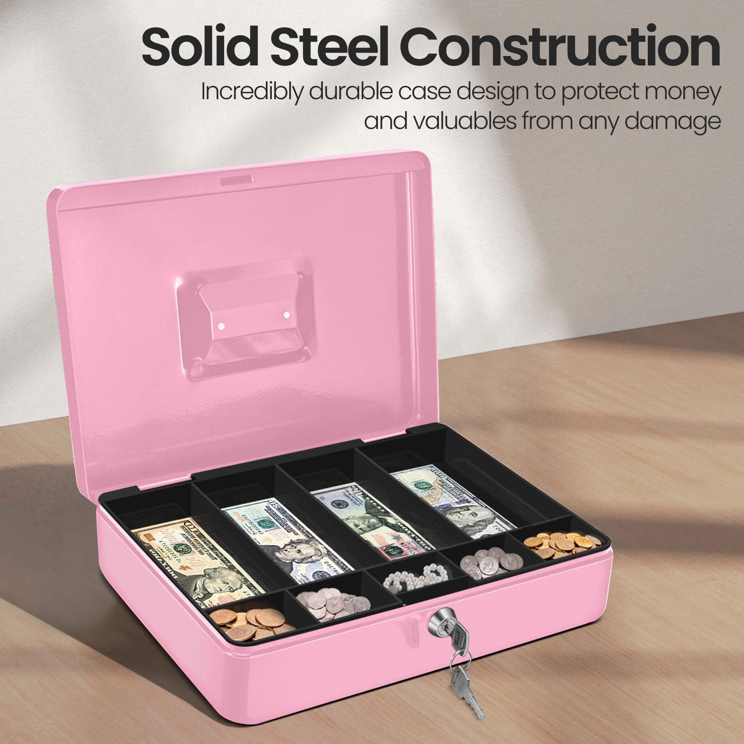 Cash Box with Money Tray, 2 Keys, Pink Security Lock Box with Removable 9 Compartment Tray Steel Construction Cashier Drawer Money Safe Storage for Currency Bill Check Jewelry, Small Portable