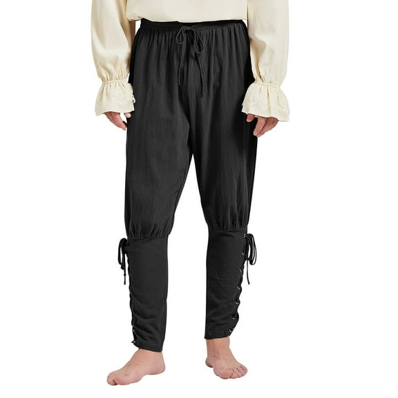 Ponceau Mens Pirate Pants Ankle Banded Renaissance Pants Medieval Viking Navigator Pants Halloween Pirate Costume with Drawstrings Black X-Large