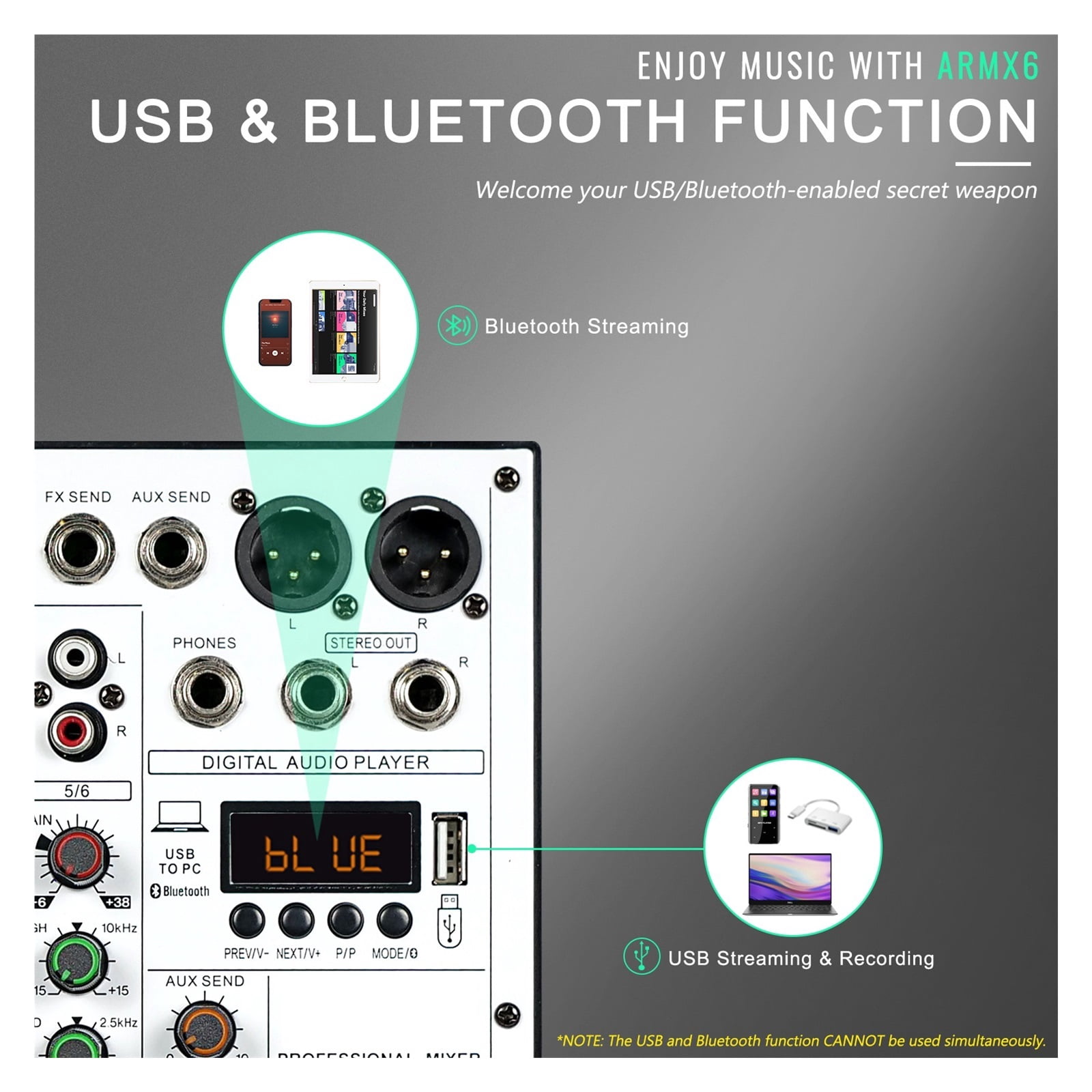 6-Channel Audio Mixer, DJ Mixer With USB Audio Interface, Function, 16 DSP Effects, And 3-Band EQ (ARMX-6) ,Easy to Operate