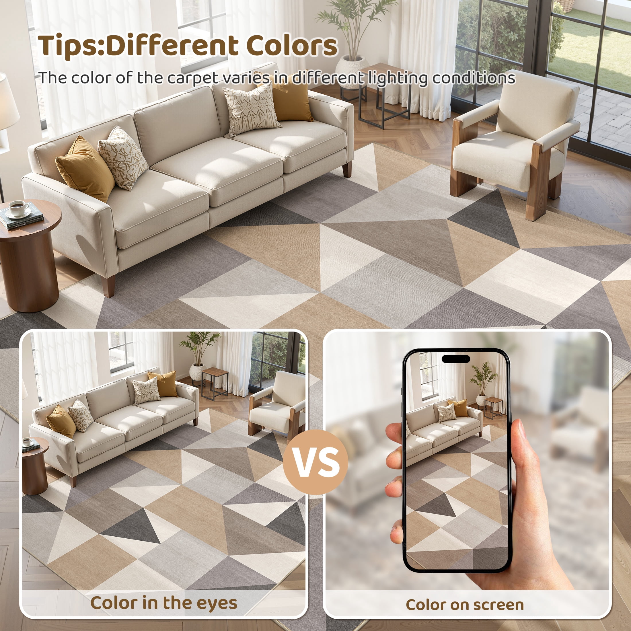 MICGEEK 8x10 Washable Area Rugs for Living Room, Modern Geometric Printed Rug, Vacuum-Friendly, Non Slip Indoor Rug for Bedroom Dining Room Home Decor Carpet, Brown&Gray