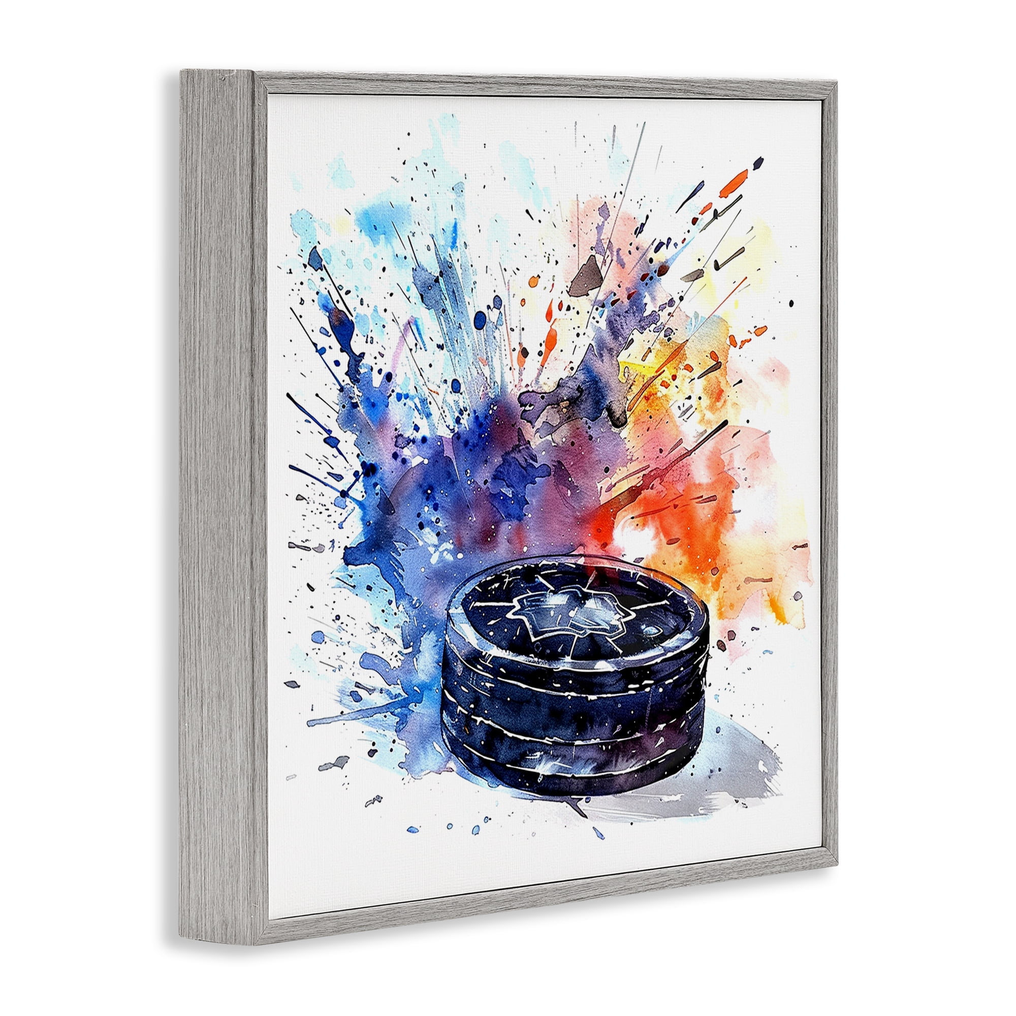 Stupell Industries Hockey Splash Watercolor Burst Gray Framed Giclee Art, design by LSR Design Studio