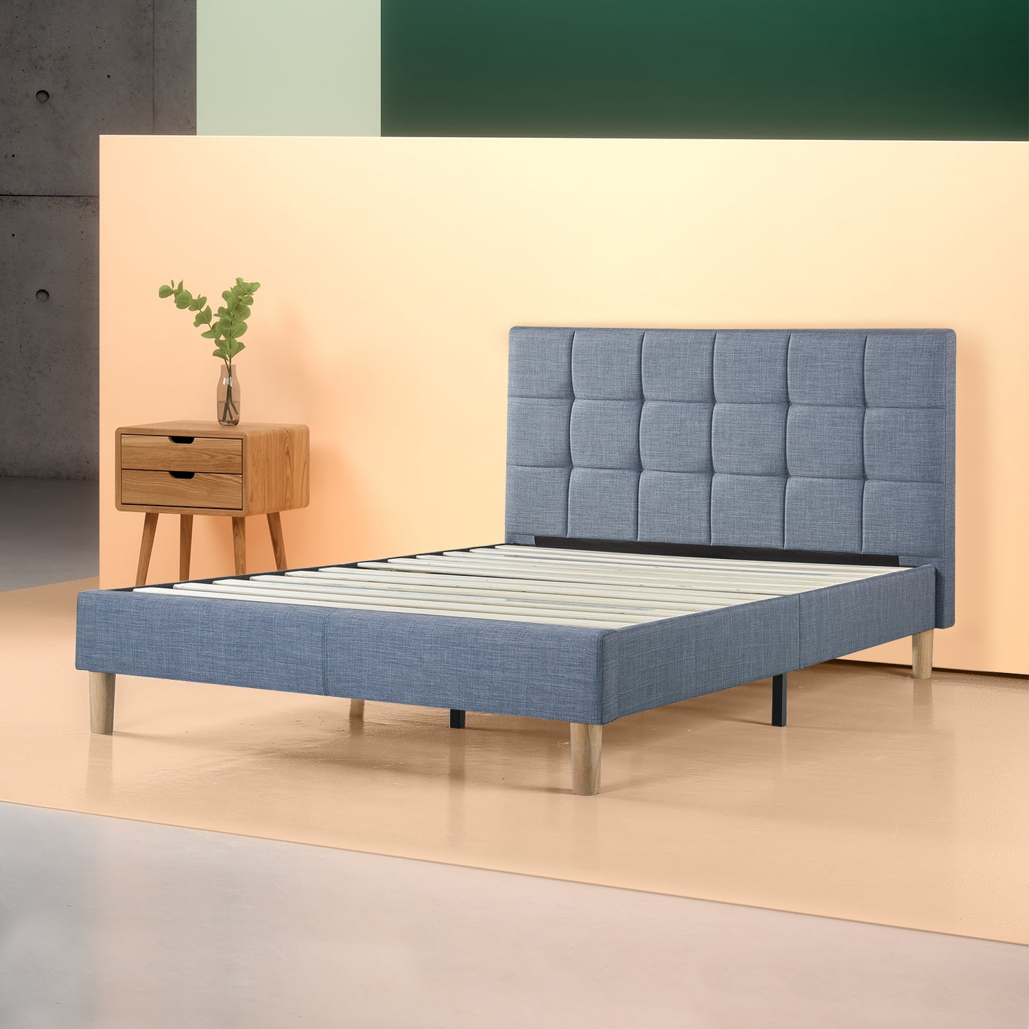 Zinus Lottie 43” Upholstered Platform Bed Frame, Blue Slate, Queen