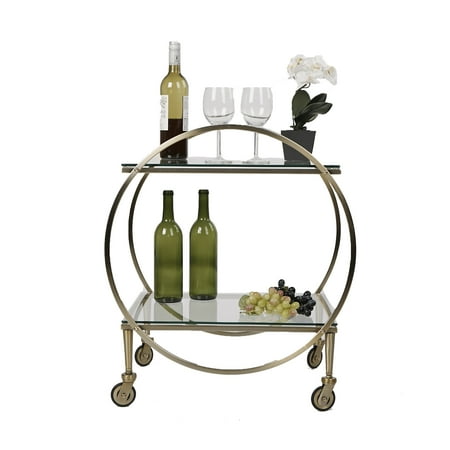 Glass Top Metal Finish - Mind Reader 2 Tier Bar Cart, Metal Bar Cart with Glass Top, Portable Bar Cart, Mobile Glass Pushing Cart, Glass Top Gold Finish, Clear